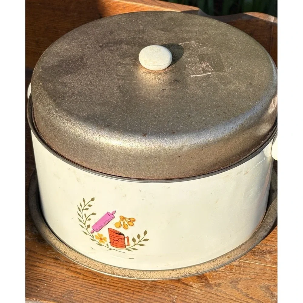 Vintage Tin Metal Pie Cake Carrier With Colorful Kitchen Utensils 3 Piece